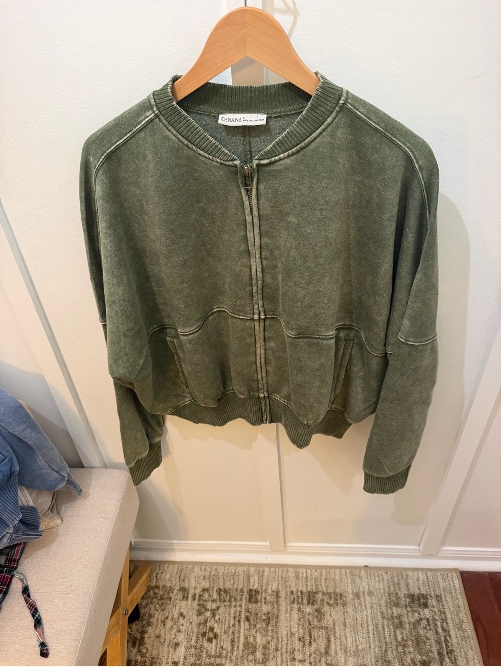 Zenana Outfitters Washed Olive Zip Bomber Jacket - Women's
